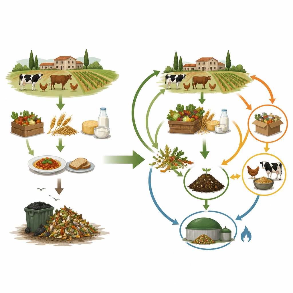 Figure 1. Italiaanse boerderijen die verschuiven van een take-make-trash-model naar recycling en hergebruik van overtollig voedsel en reststromen van de boerderij.