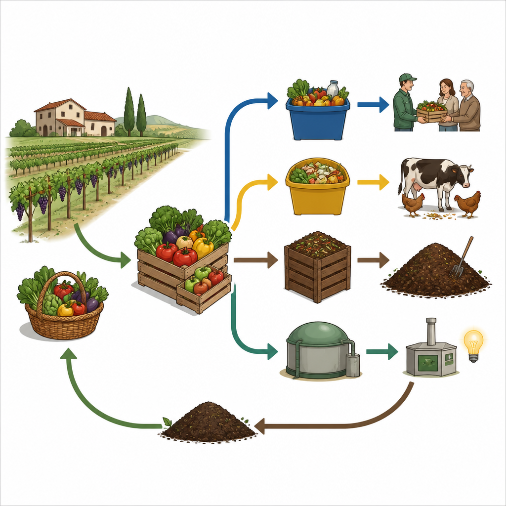 Figure 2. Hoe overtollige gewassen en reststromen van de boerderij via donatie, diervoeder, compost en biogas stromen in plaats van simpelweg afval te worden.