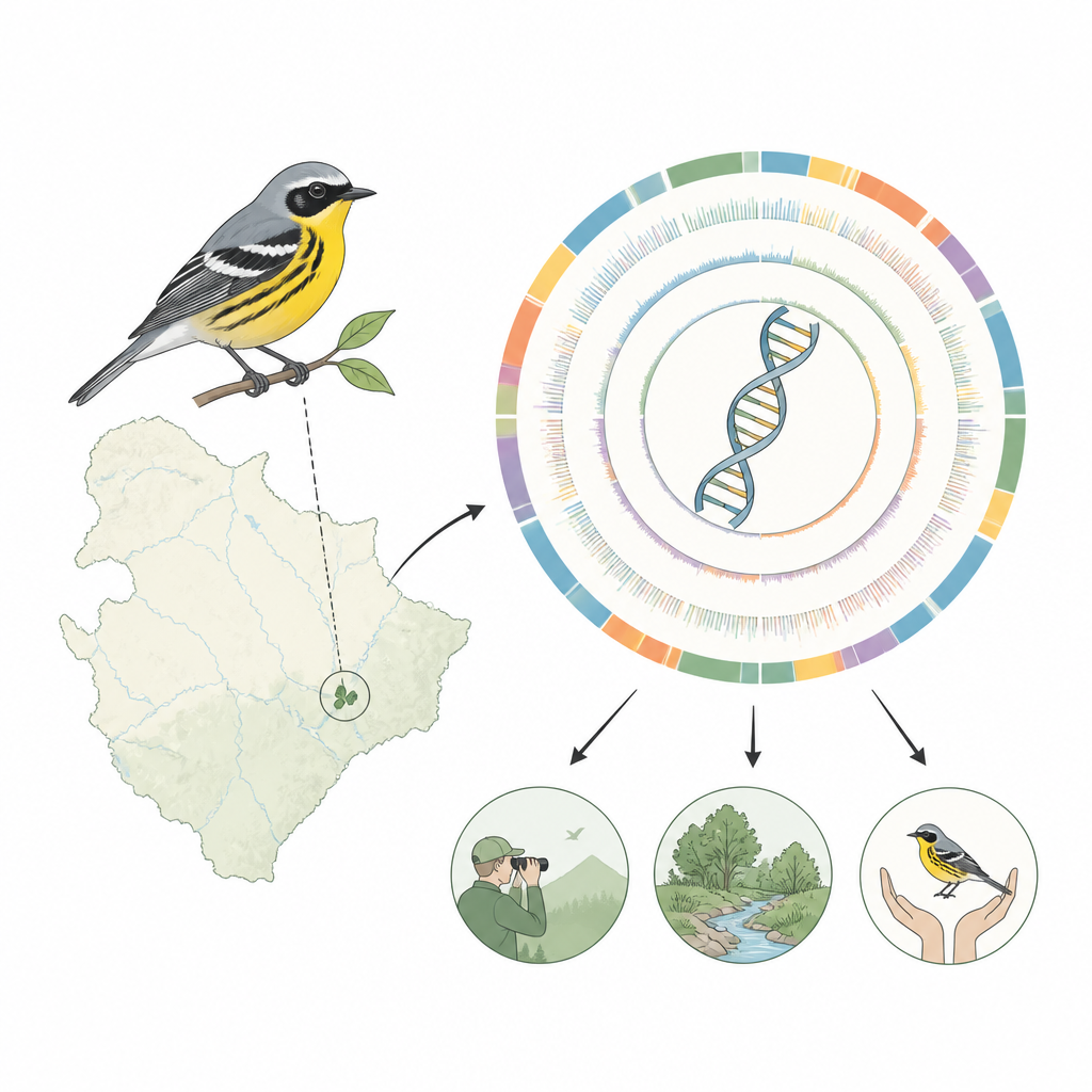 Figure 1. Collegare l'habitat in riduzione di un raro uccello canoro a una mappa completa del suo DNA per guidare le decisioni di conservazione.