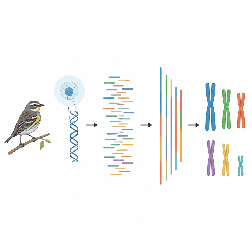 Figure 2. Seguire il DNA di un singolo uccello attraverso il sequenziamento e l'assemblaggio fino a cromosomi completi che rivelano il suo corredo genetico.