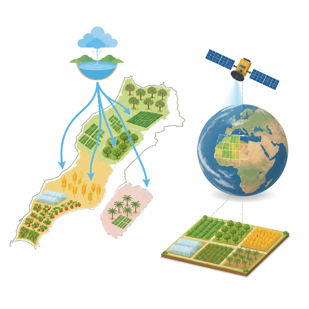 Figure 1. Encuestas de campo en Marruecos vinculan cultivos y métodos de riego con vistas satelitales del territorio.