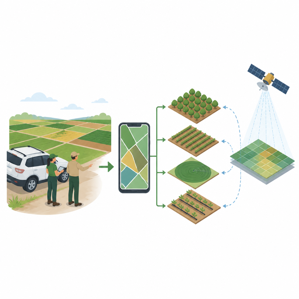 Figure 2. El mapeo detallado parcela a parcela muestra cómo las observaciones in situ revelan tipos de cultivo y sistemas de riego para verificaciones satelitales.