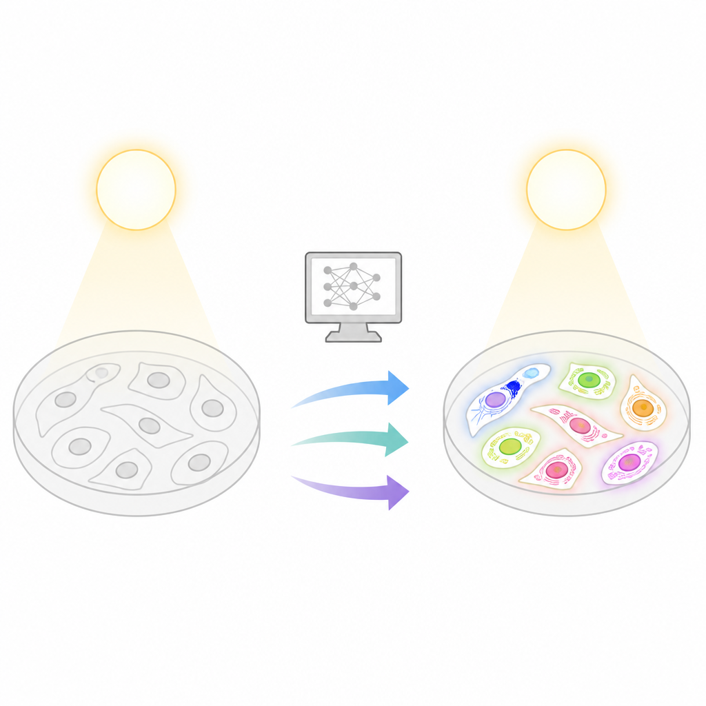 Figure 1. Convertir vistas delicadas de un microscopio óptico de células en imágenes con brillo rico mediante modelos informáticos inteligentes.