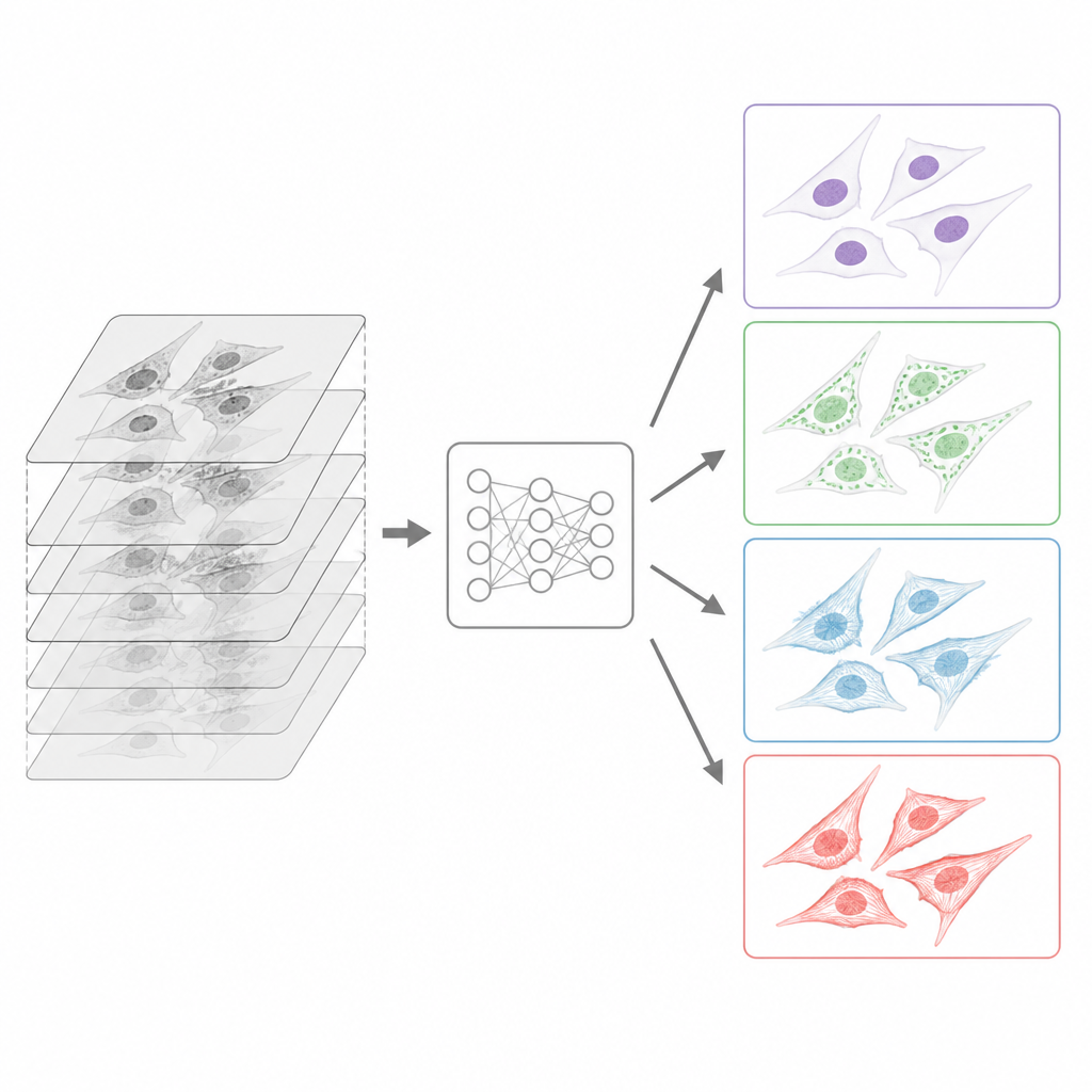 Figure 2. Usar pilas de imágenes sencillas de células para generar vistas en distintos colores de diferentes partes internas celulares con un único proceso aprendido.