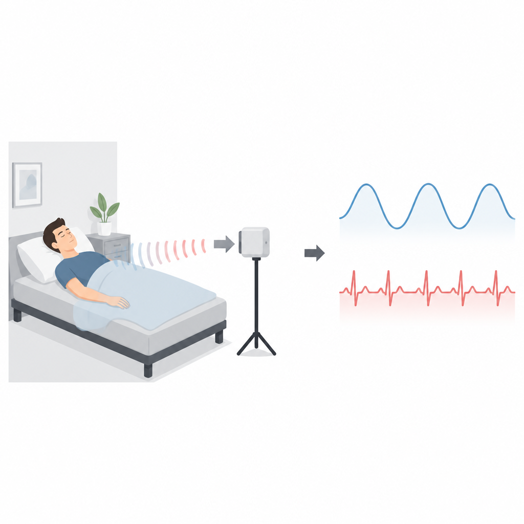 Figure 1. Il dispositivo radar osserva una persona a riposo e converte il movimento del torace in curve pulite dei segnali di respiro e battito cardiaco.