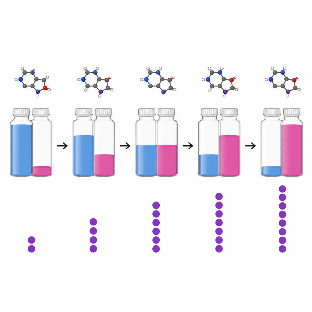 Figure 2. Modificare la proporzione di due solventi intorno a una molecola per mostrare come la sua solubilità aumenta o diminuisce passo dopo passo.
