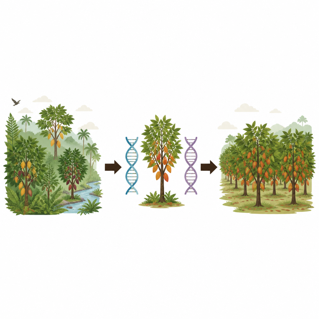 Figure 1. Dai diversi alberi di cacao alla genetica di ICS 1 per piantagioni di cioccolato più gustose e resistenti.