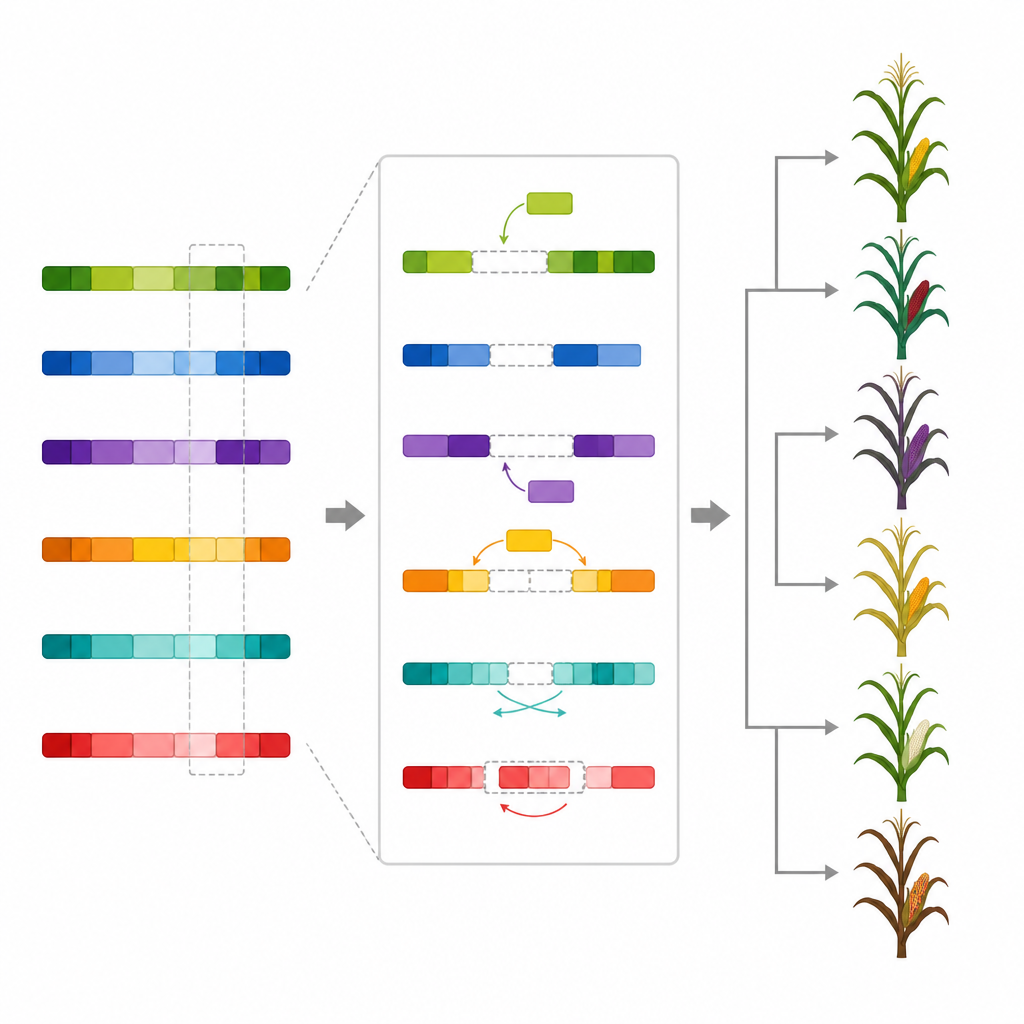 Figure 2. Wie Unterschiede in Maisgenomen durch strukturelle DNA-Veränderungen in unterschiedliche Pflanzentypen übersetzt werden.