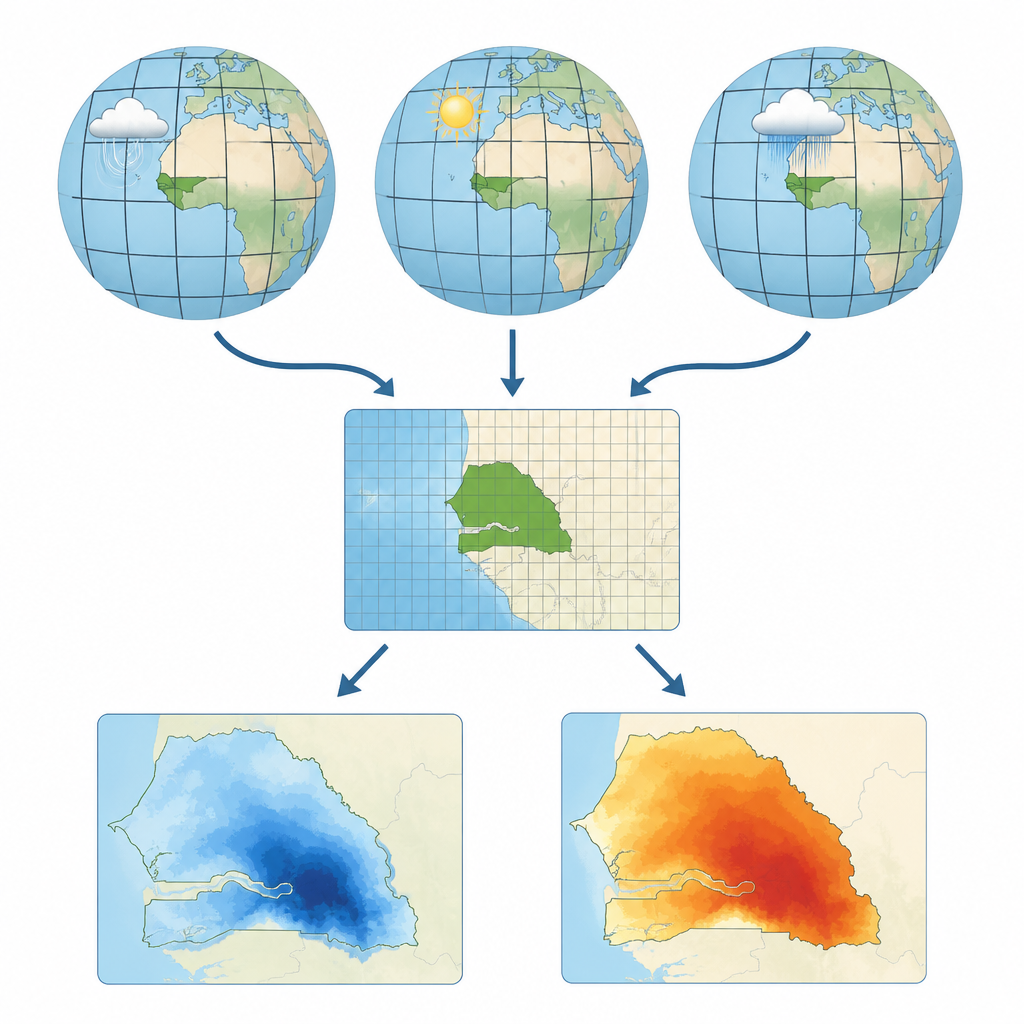 Figure 1. Trasformare le proiezioni climatiche globali in mappe locali dettagliate di pioggia, calore e luce solare future sul Senegal.