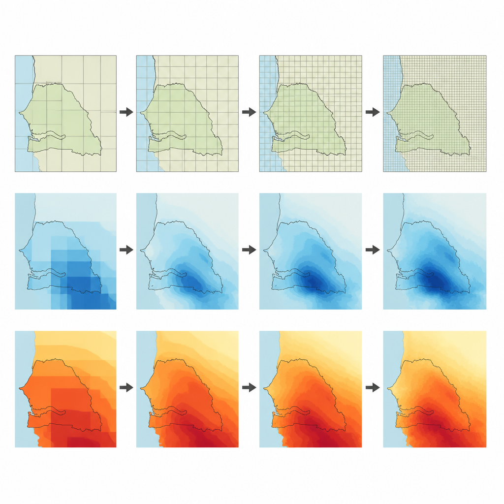 Figure 2. Affinamento passo dopo passo dei campi climatici grossolani dei modelli in modelli locali più lisci e realistici per il Senegal.