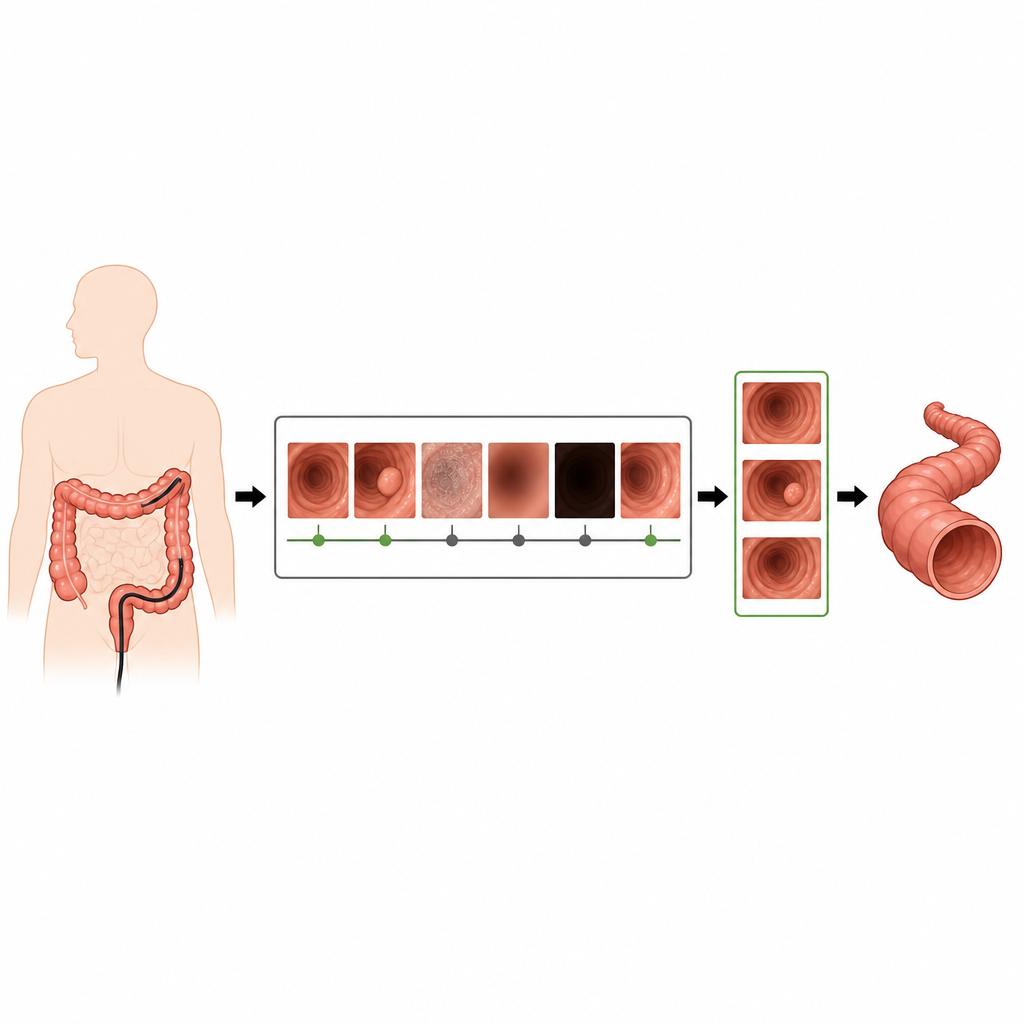 Figure 1. Kolonoskopi karelerinin, daha iyi analiz ve kolonun 3B görünümlerini desteklemek üzere kafa karıştıran öğelerden nasıl ayrıldığı.