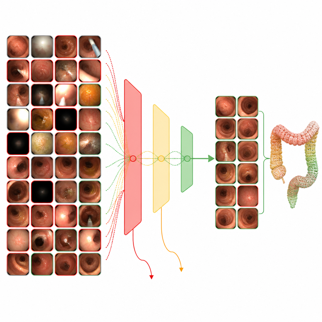 Figure 2. Dağınık kolonoskopi karelerinin, basit bir 3B kolon biçimine beslenen net görünümlere nasıl indirildiği.