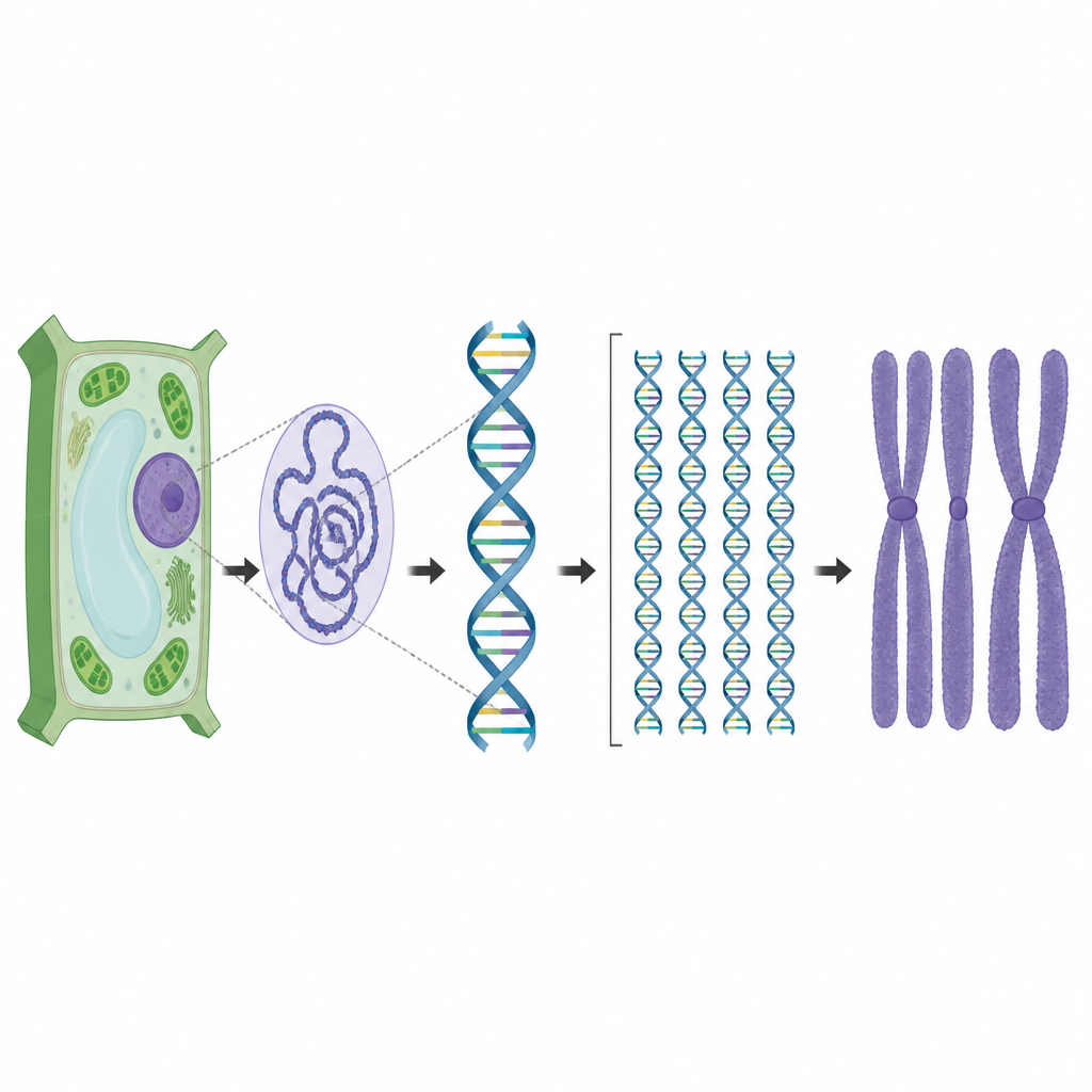 Figure 2. Stopniowy przegląd od komórki roślinnej po powtórzenia DNA i chromosomy wyjaśniający, jak naukowcy zmontowali genom rośliny.