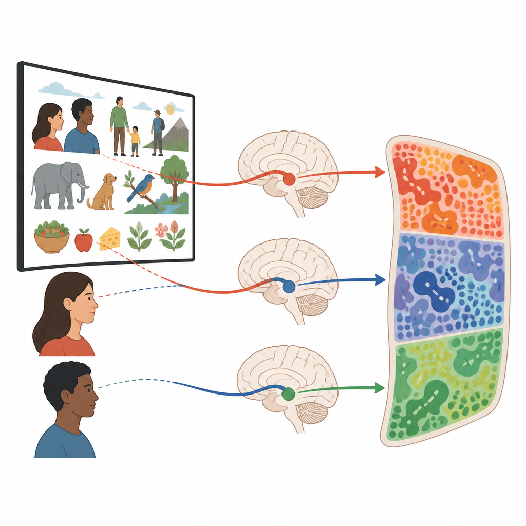 Figure 1. Cómo películas de larga duración revelan actividad detallada en un centro profundo de las emociones del cerebro en tres espectadores individuales.