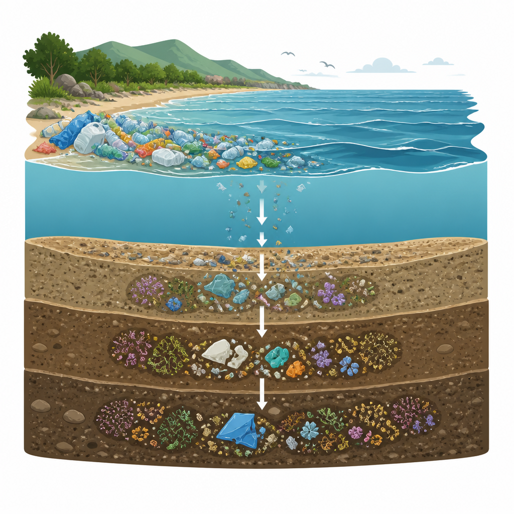 Figure 1. Wie vergrabenes Küstenplastik und Sedimentmikroben eine Verbindung von Strandmüll bis zum Leben im Meeresboden herstellen.