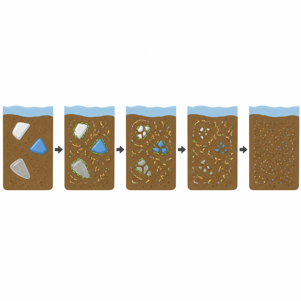 Figure 2. Wie Mikroben im Küstensediment im Laufe der Zeit Plastikstücke schrittweise in kleinere Fragmente zerlegen.