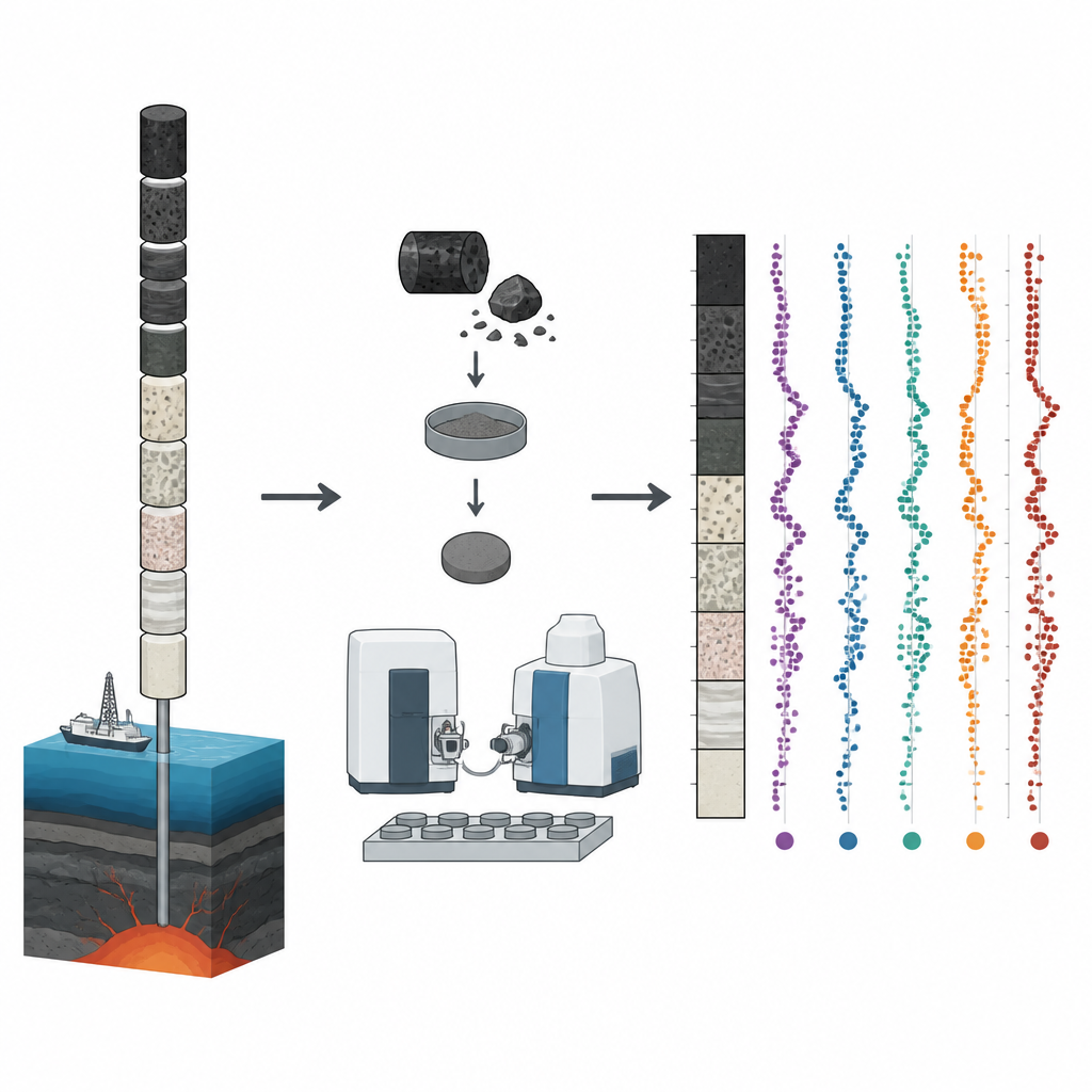 Figure 2. Cómo los núcleos de roca pasan de la perforación en el fondo marino al análisis en el laboratorio y a perfiles químicos coloridos con la profundidad.