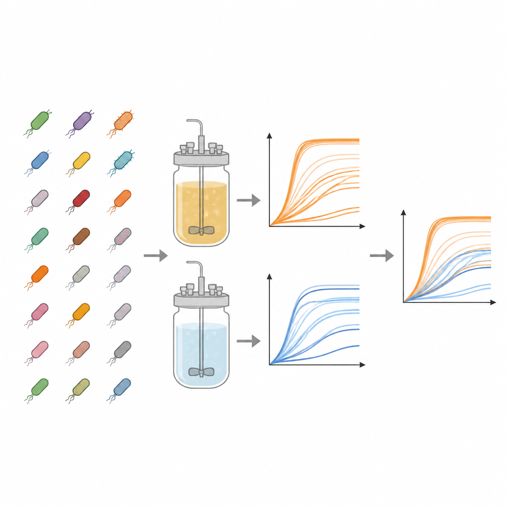 Figure 1. Many gene-deleted E. coli strains growing in rich and poor food to see how genes and diet shape their growth.