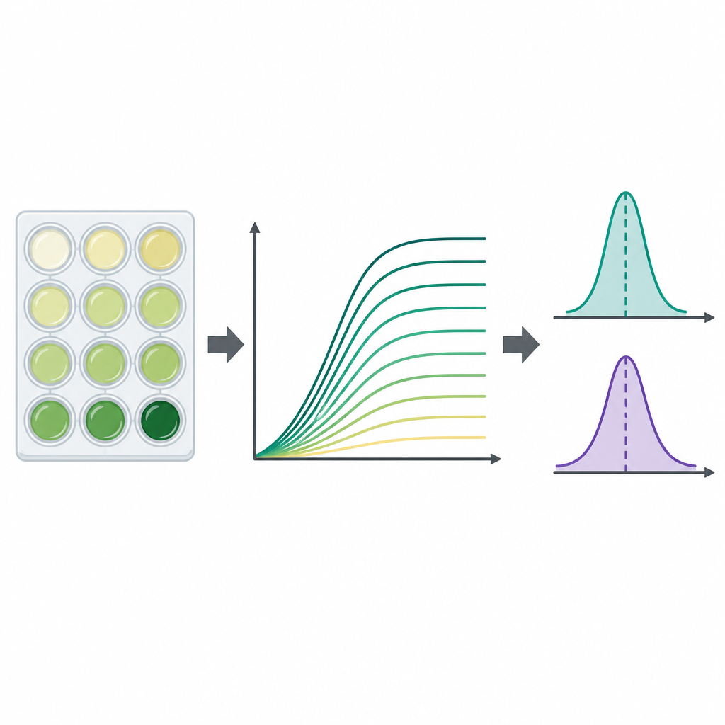 Figure 2. Stepwise view of measuring bacterial growth curves and extracting key numbers that describe how they rise and level off.