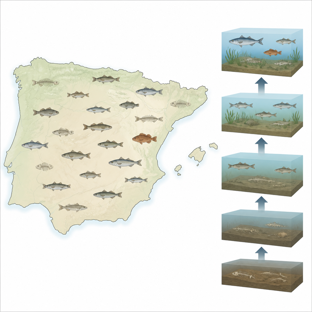 Figure 1. İberya genelindeki antik balık kemikleri, balıklar ve insanların nehirleri ve kıyıları nasıl paylaştığını 90.000 yıllık bir süre boyunca ortaya koyuyor.