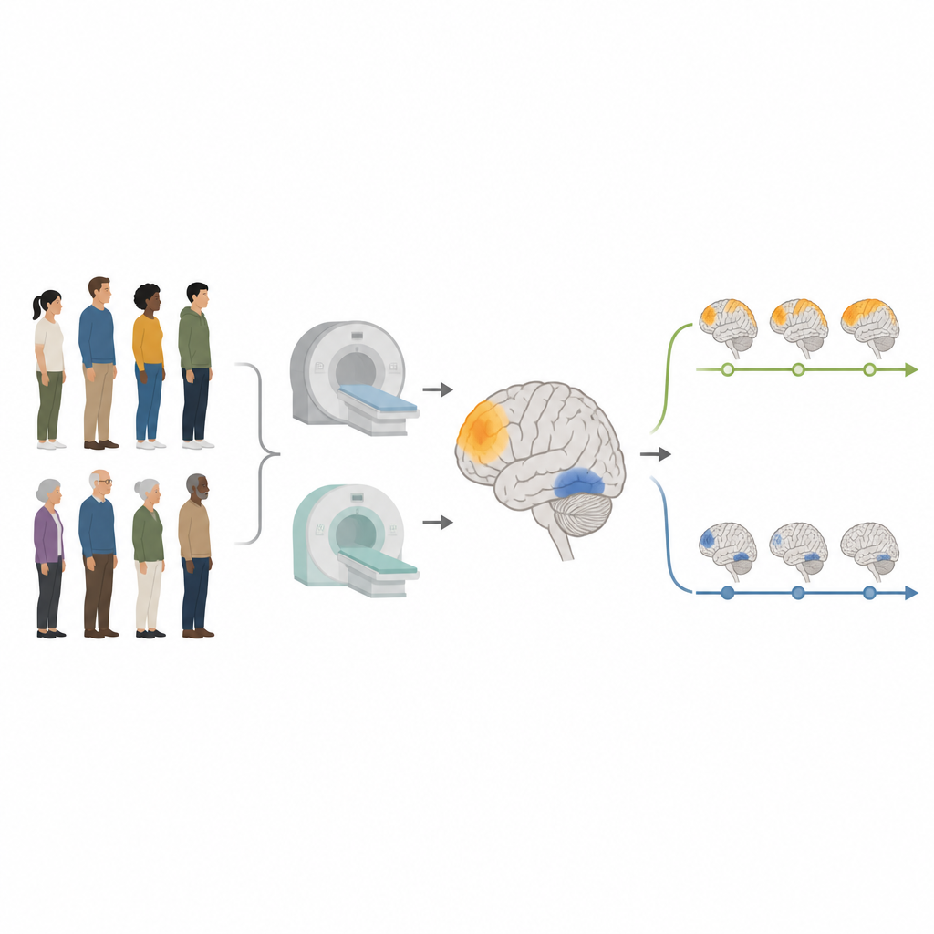 Figure 1. Cómo las exploraciones cerebrales de adultos jóvenes y mayores revelan vínculos entre la actividad cerebral en calma y un envejecimiento saludable o patológico.