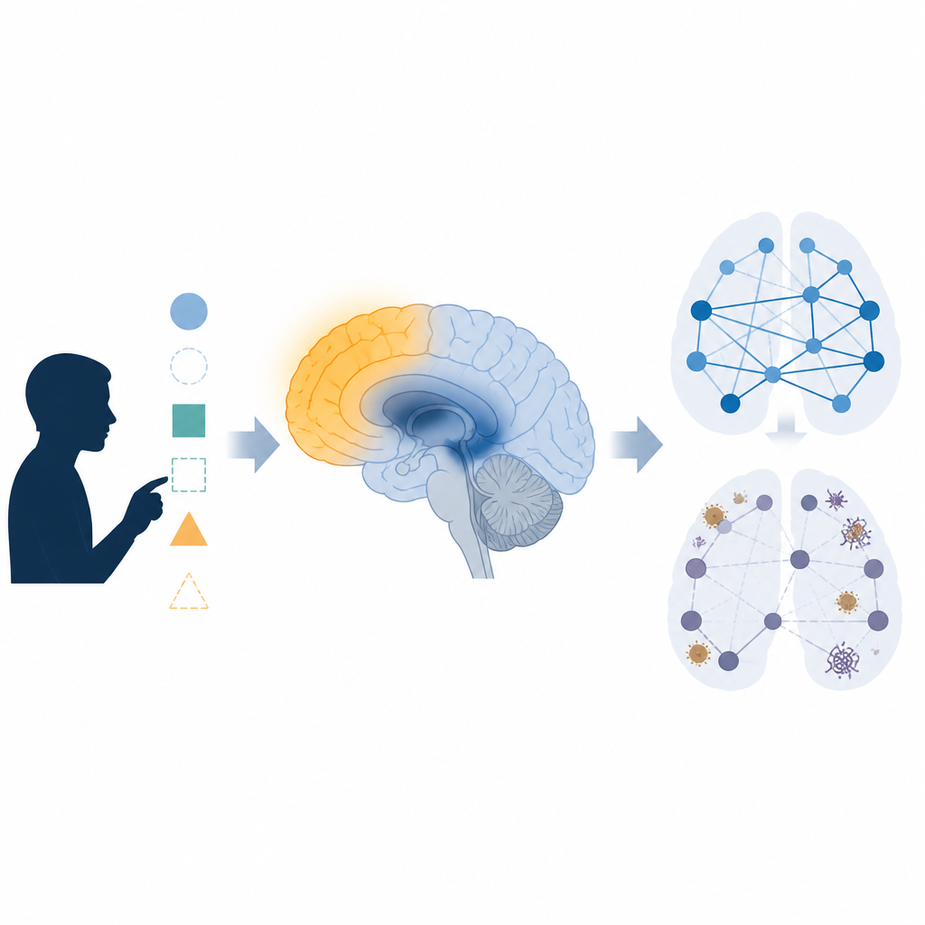 Figure 2. Cómo las regiones cerebrales cambian su actividad durante tareas cognitivas y se conectan con los primeros depósitos de placas y ovillos en cerebros envejecidos.