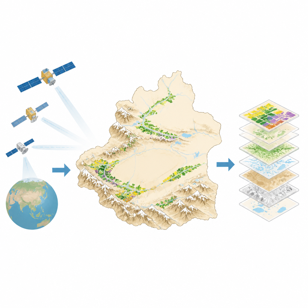 Figure 1. Satellites turn Xinjiang’s patchy oases into a clear, yearly map of its main crops at field scale.