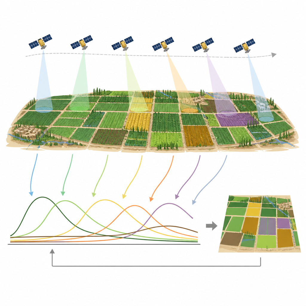 Figure 2. Seasonal satellite signals reveal distinct growth curves that let a model tell cotton, wheat, rice and maize apart.