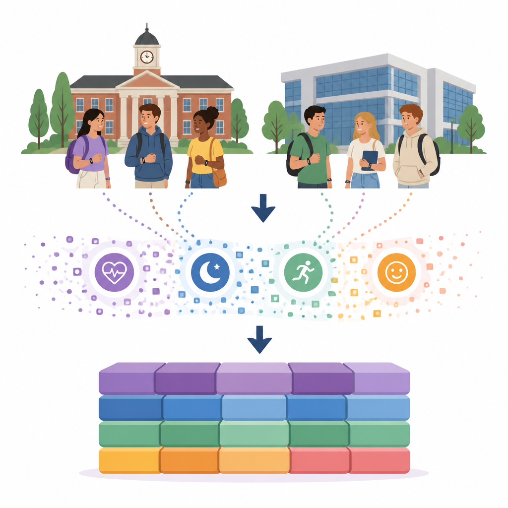 Figure 1. Los estudiantes comparten sensaciones diarias y señales de wearables que se integran en un conjunto de datos organizado sobre estrés y ansiedad.