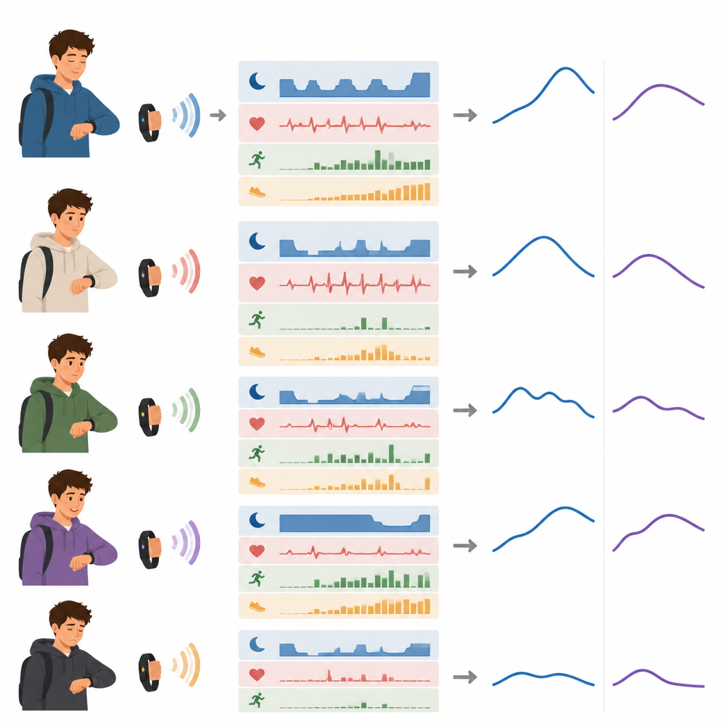 Figure 2. Las señales de los wearables y las valoraciones diarias del estado de ánimo proceden de los mismos estudiantes y se presentan en curvas paralelas que pueden compararse.