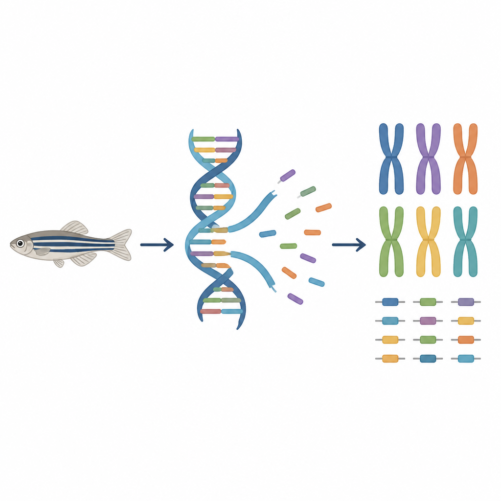 Figure 2. Visão passo a passo de como ler o DNA de um peixe e transformá‑lo em cromossomos e genes organizados.