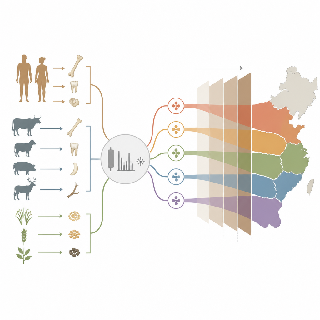 Figure 2. Diferentes tejidos alimentan corrientes isotópicas coloreadas que se unen para mostrar cambios en la alimentación y la movilidad a lo largo del tiempo y el espacio.