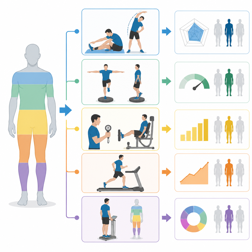 Figure 2. كيف تتكامل اختبارات المختبر المفصلة للحركة والقوة والقدرة على التحمل لتبيان ملف اللياقة الكامل للشخص.