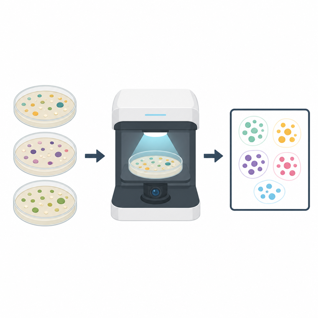 Figure 1. Cómo fotografías estandarizadas de placas Petri alimentan un sistema automatizado para detectar colonias bacterianas de un vistazo.