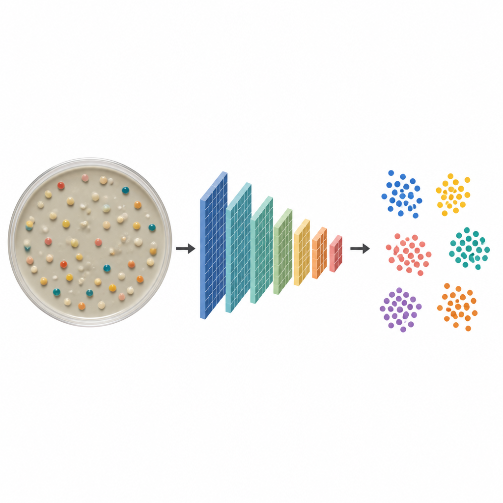 Figure 2. Cómo imágenes detalladas de colonias atraviesan un modelo de IA para separar distintos tipos bacterianos en grupos claros.