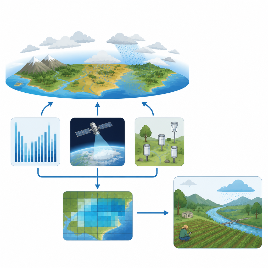 Figure 1. Hoe satellieten en meetstations samen wereldwijde neerslag in kaart brengen voor voedsel- en waterveiligheid.
