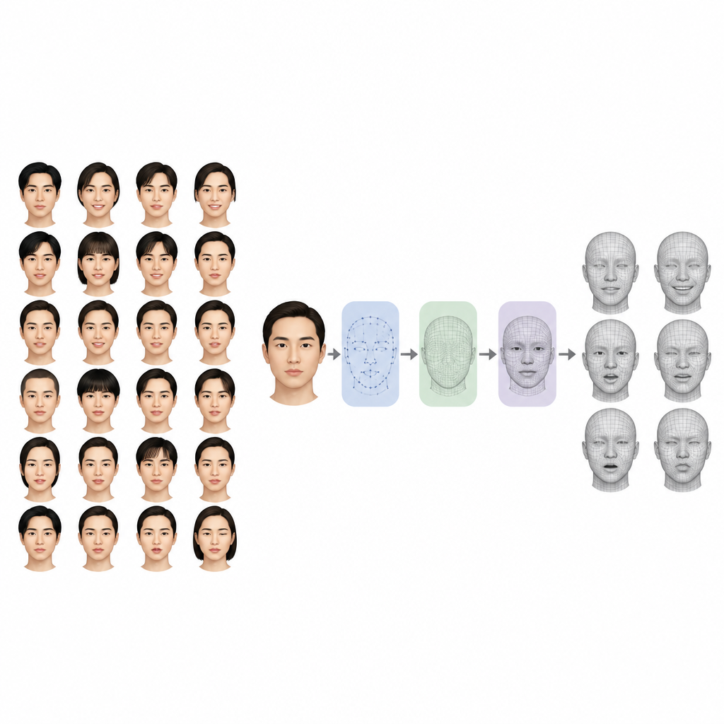 Figure 1. Muchos rostros 3D de Asia Oriental se unifican en una estructura común para que los ordenadores puedan comparar expresiones de forma justa.