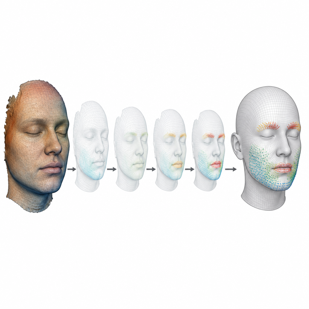 Figure 2. Un rostro 3D aproximado se refina gradualmente hasta una malla compartida y suave que conserva detalles de la expresión mientras iguala la estructura.