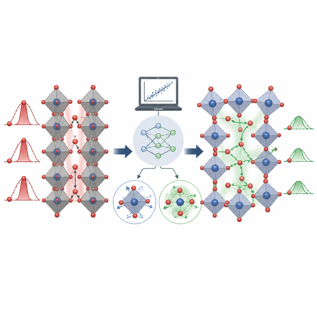 Figure 2. Wie atomare Dichte und Ladung in Kristallen die Pfade und Barrieren für sich bewegende Sauerstoffionen innerhalb eines Festkörpers formen.