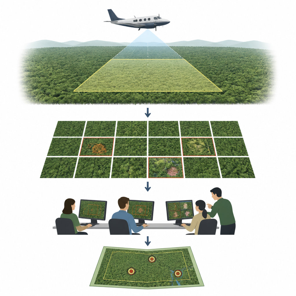 Figure 1. Cómo se combinan imágenes aéreas y voluntarios humanos para detectar objetos inusuales en una zona de búsqueda densamente arbolada