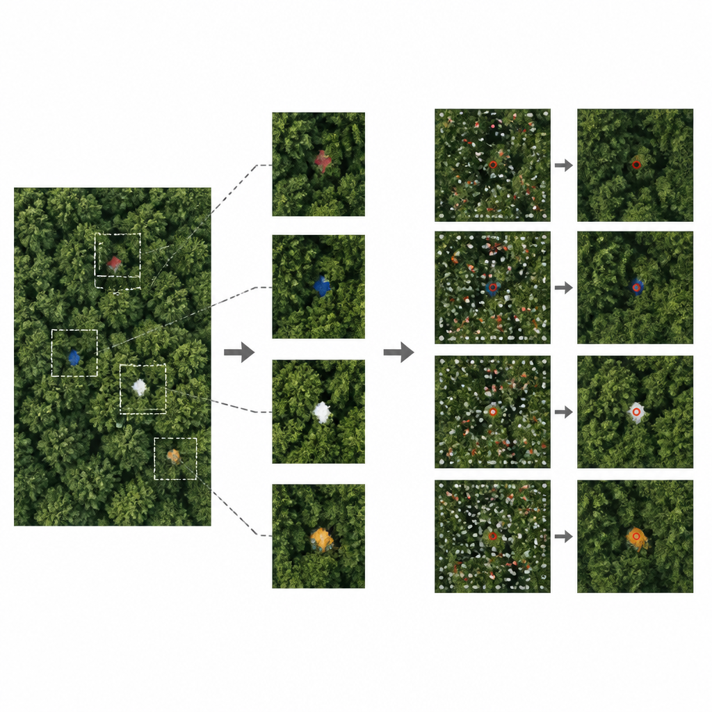 Figure 2. Por qué detectar objetos diminutos ocultos bajo el dosel forestal resulta difícil para los algoritmos actuales que señalan anomalías visuales