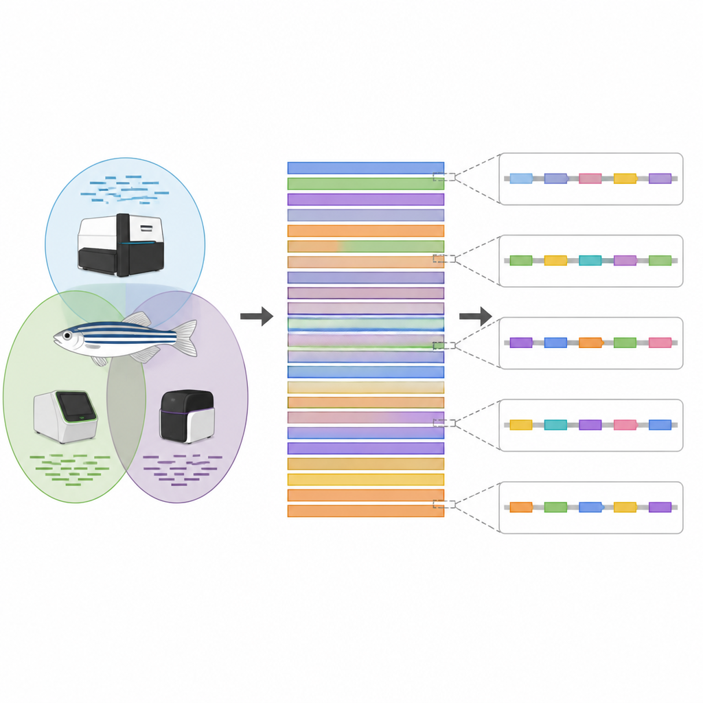 Figure 2. Wie verschiedene DNA‑Sequenziermethoden kombiniert werden, um Chromosomen aufzubauen und Fischgene zu enthüllen.
