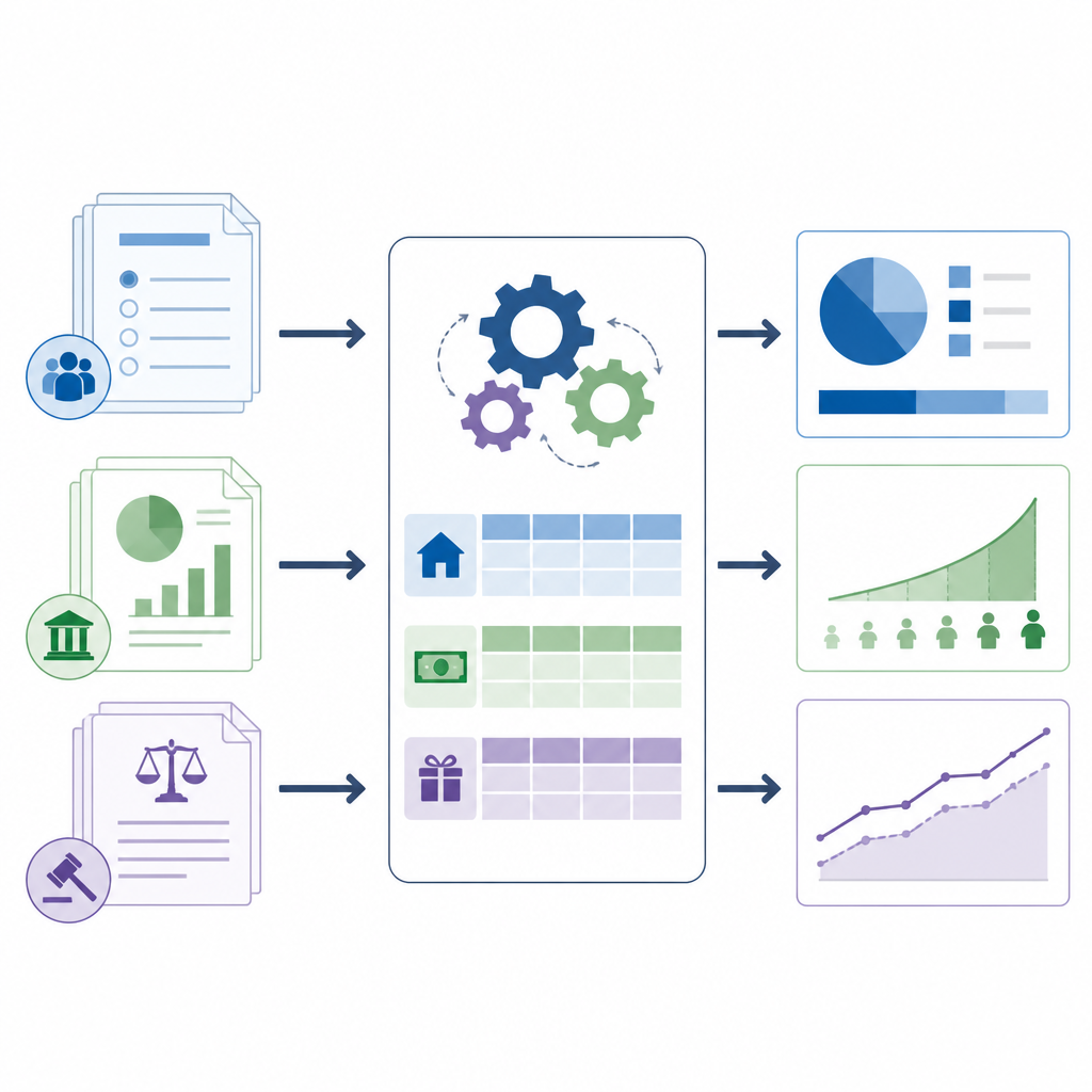 Figure 2. Wie unterschiedliches Rohdatenmaterial zu Ersparnissen, Immobilien und Erbschaften bereinigt und zu standardisierten Messgrößen für Vermögen und Ungleichheit zusammengeführt wird