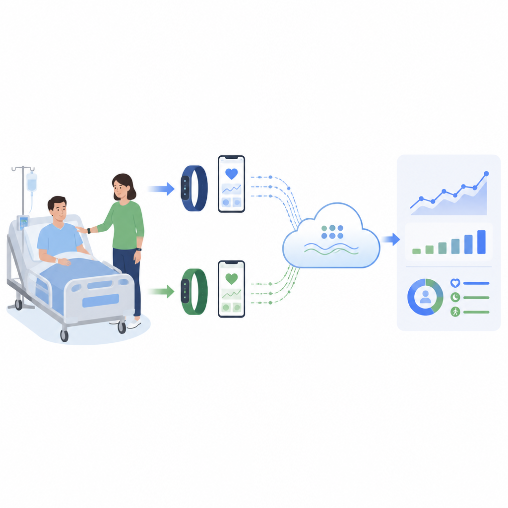 Figure 1. Dispositivi indossabili e app connessi monitorano pazienti e caregiver per rivelare come la vita quotidiana influisce sul recupero dopo il trapianto.