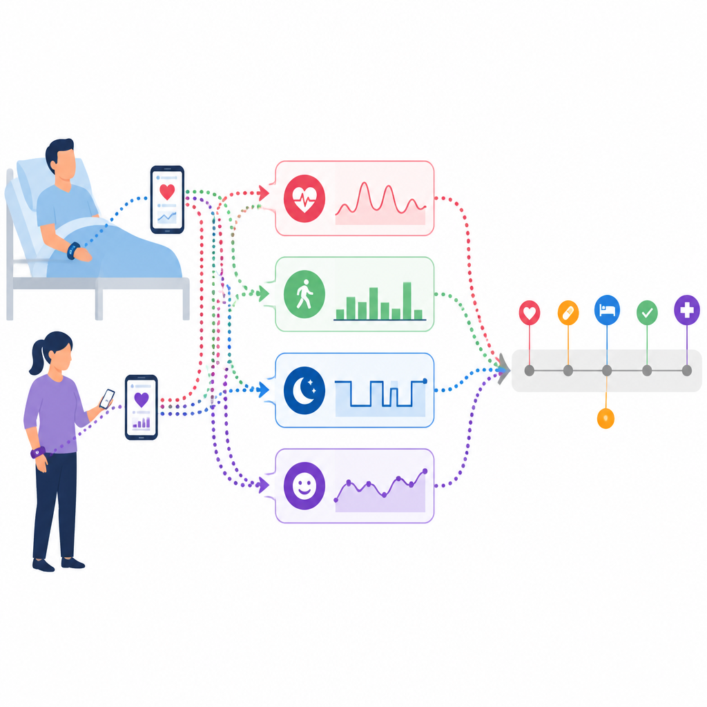 Figure 2. I segnali digitali di cuore, sonno, passi e umore si combinano in schemi che collegano la vita di tutti i giorni agli eventi di salute legati al trapianto.