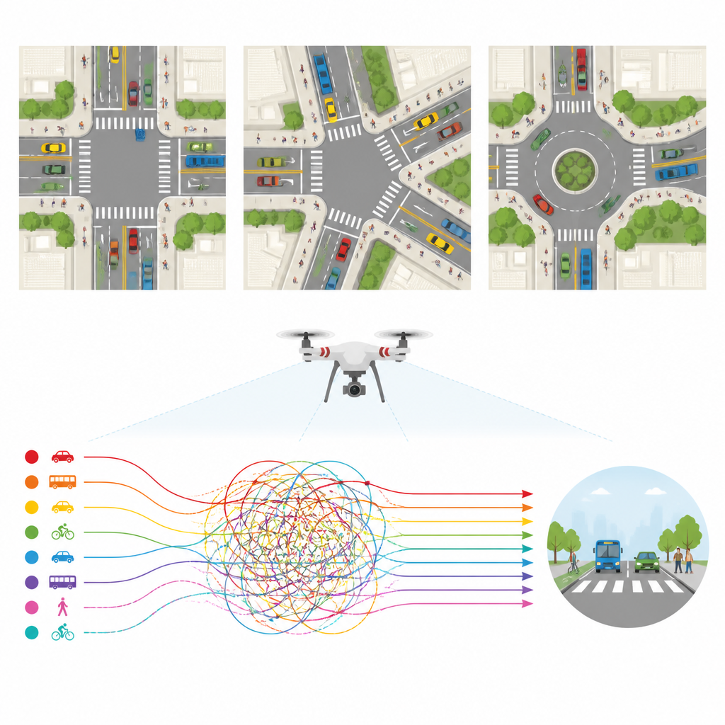 Figure 1. Drohnenansicht belebter Stadtkreuzungen zeigt, wie Verkehrsströme interagieren und wo Beinaheunfälle passieren.