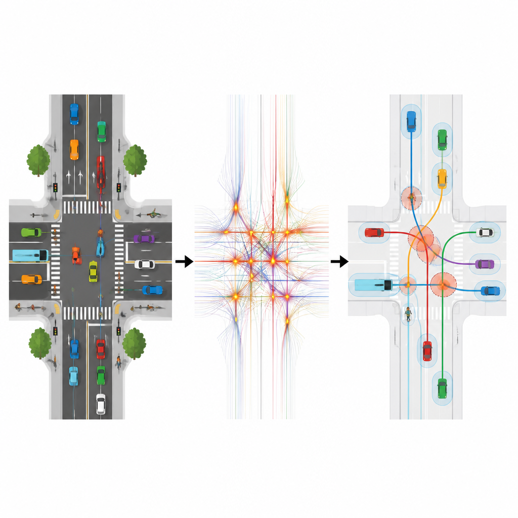 Figure 2. Detailreiche Bewegungsbahnen an einer Kreuzung legen Cluster von Beinaheunfällen offen und zeigen, wie riskante Interaktionen identifiziert werden.