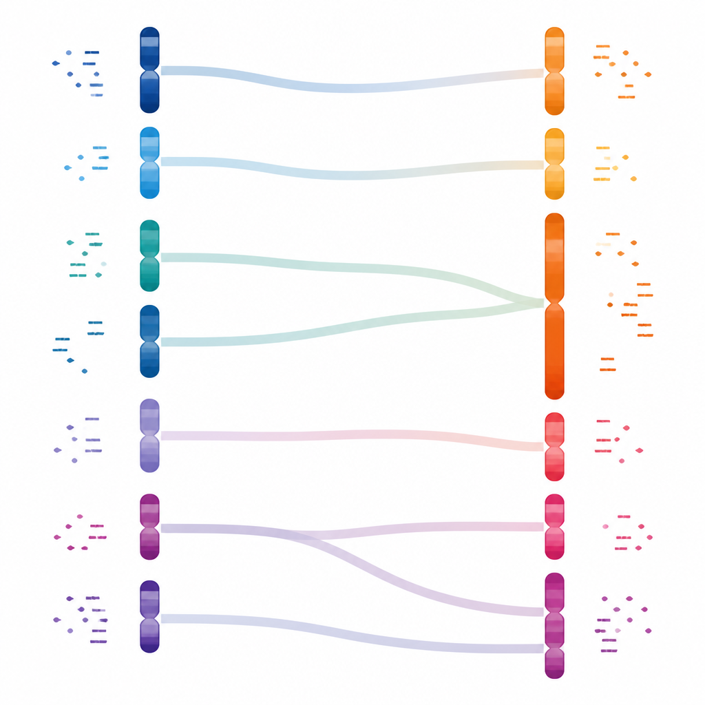 Figure 2. عرض جنبًا إلى جنب لجينومَي قلانق يُظهر تطابق الكروموسومات وبعض المقاطع المندمجة أو المنفصلة.