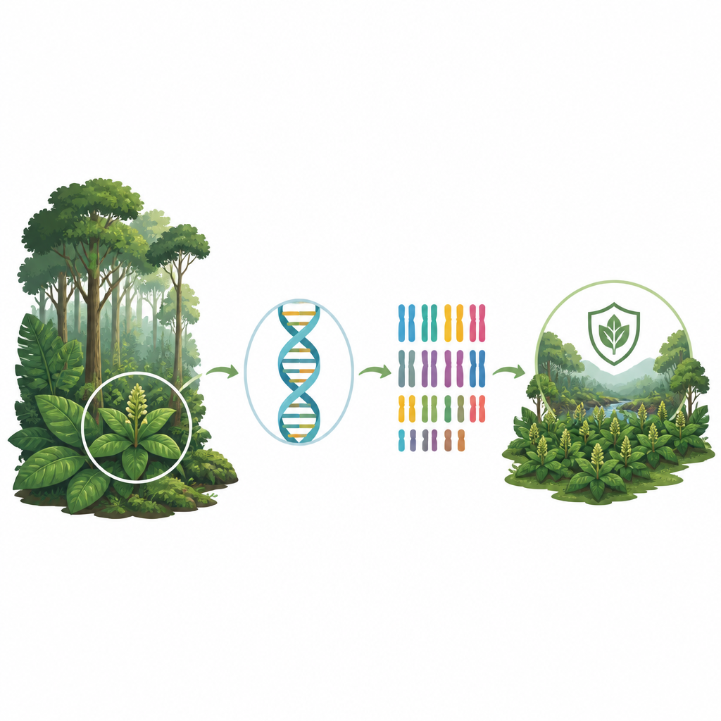 Figure 1. Kırılgan orman yuvasından tam DNA haritasına: nadir bir bitkinin çözülmesinin onun korunmasını nasıl destekleyebileceğini gösteriyor.