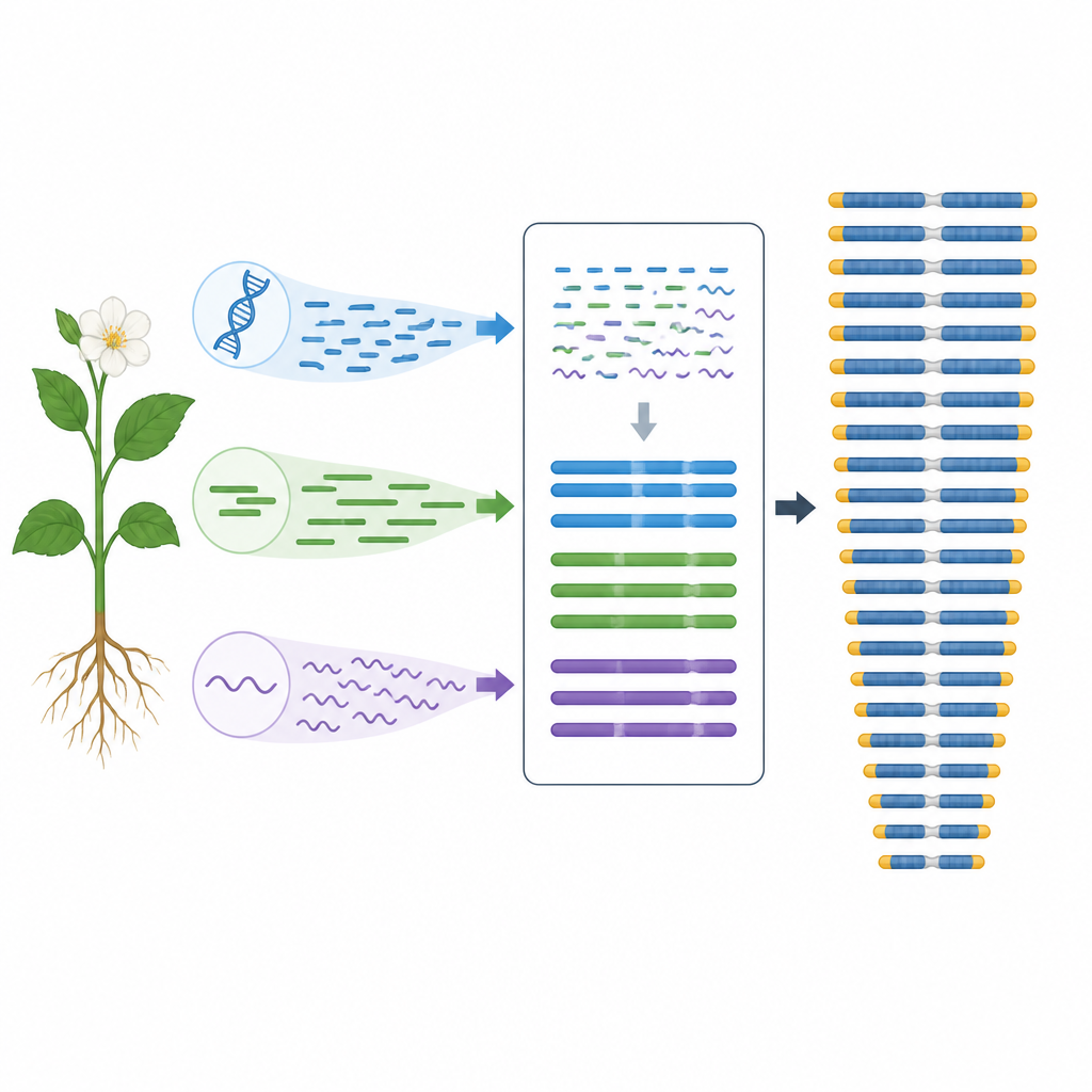 Figure 2. Bir tehlike altındaki orman bitkisi için çok sayıda DNA okumasının adım adım tam kromozomlara birleştirilmesi.